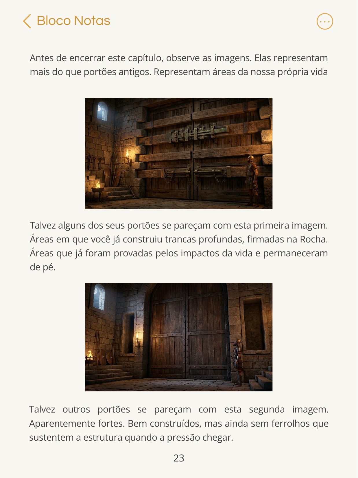 Página com duas ilustrações de portões antigos de madeira e texto reflexivo.